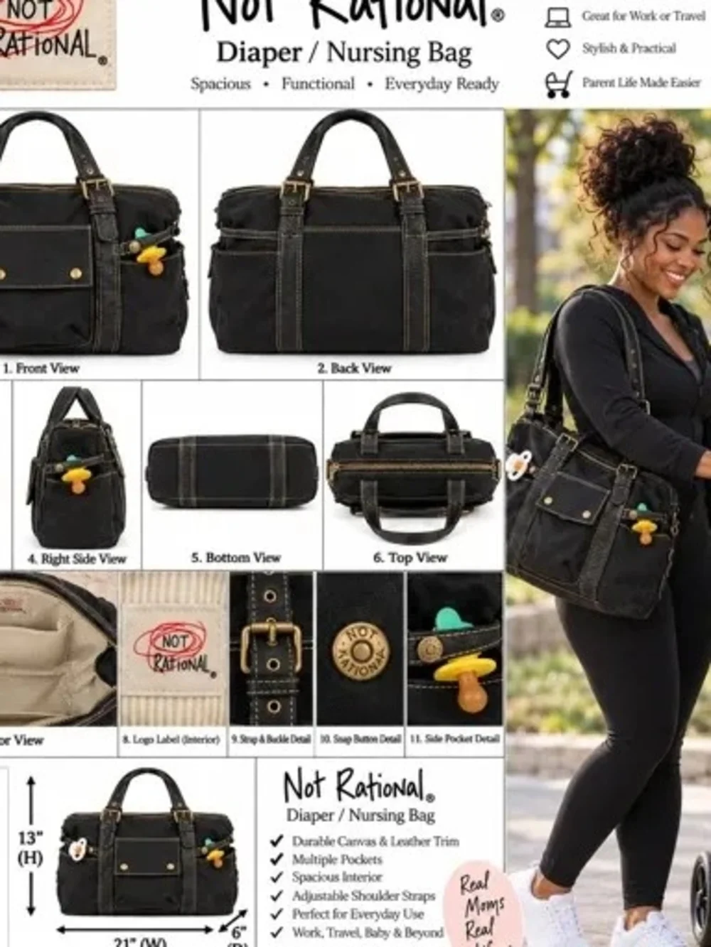 Not Rational Nursing Black Tote Bag with Gold Hardware